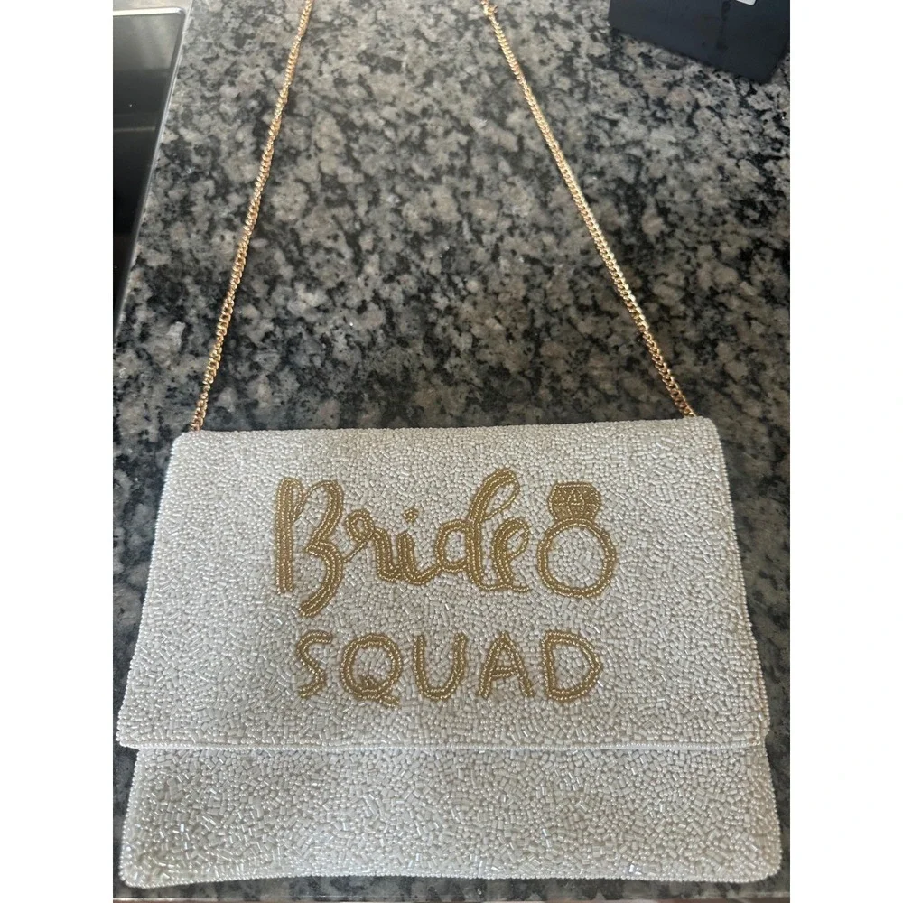 Bride Squad Beaded Clutch‎ Purse Gold Chain Rhinestone Ring Wedding Bridal